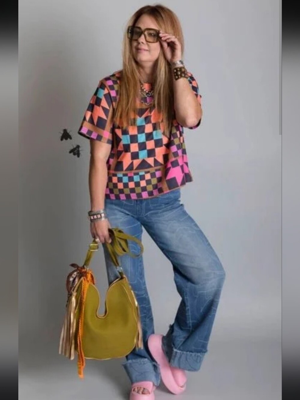 2 Fly Co. NWT SEW IT GOES *RANCH HOUSE QUILT Print Boxy Short Sleeve Top